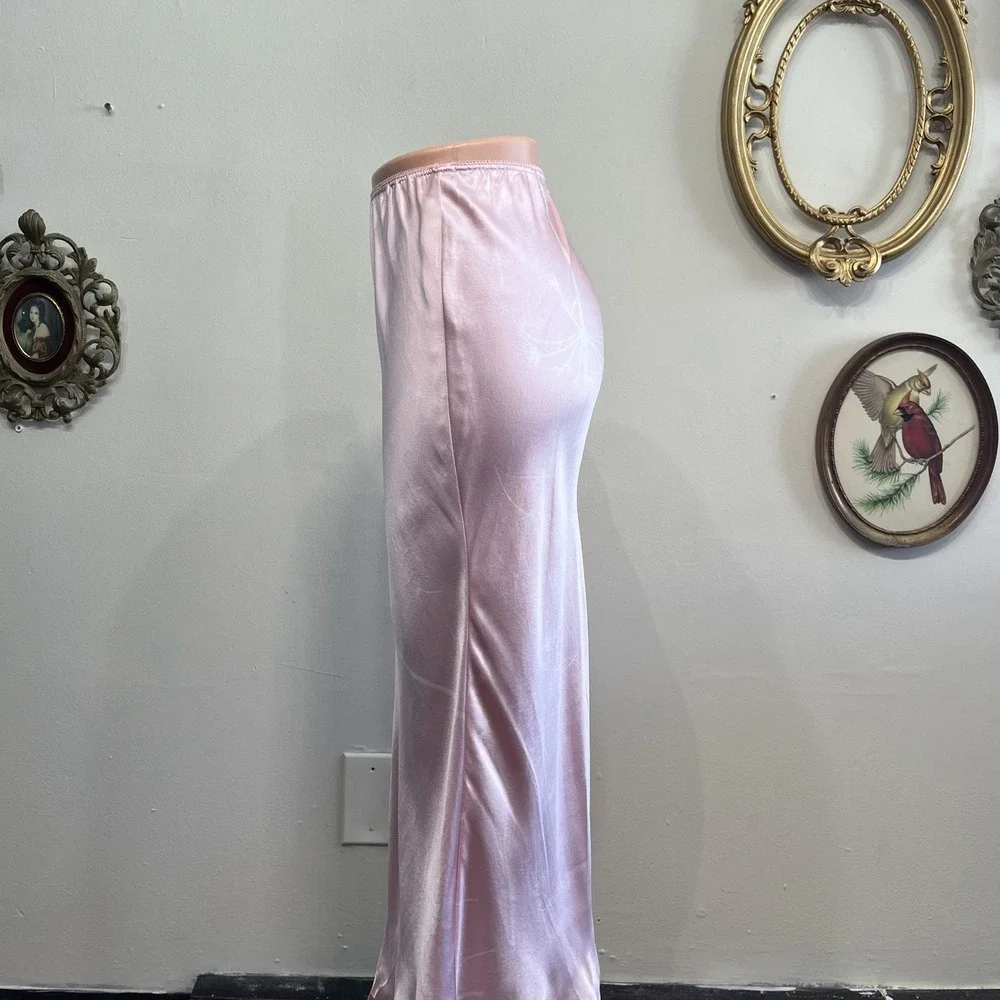 Vintage Pink Silk Satin Dandelion Midi Skirt - Picture 2 of 5